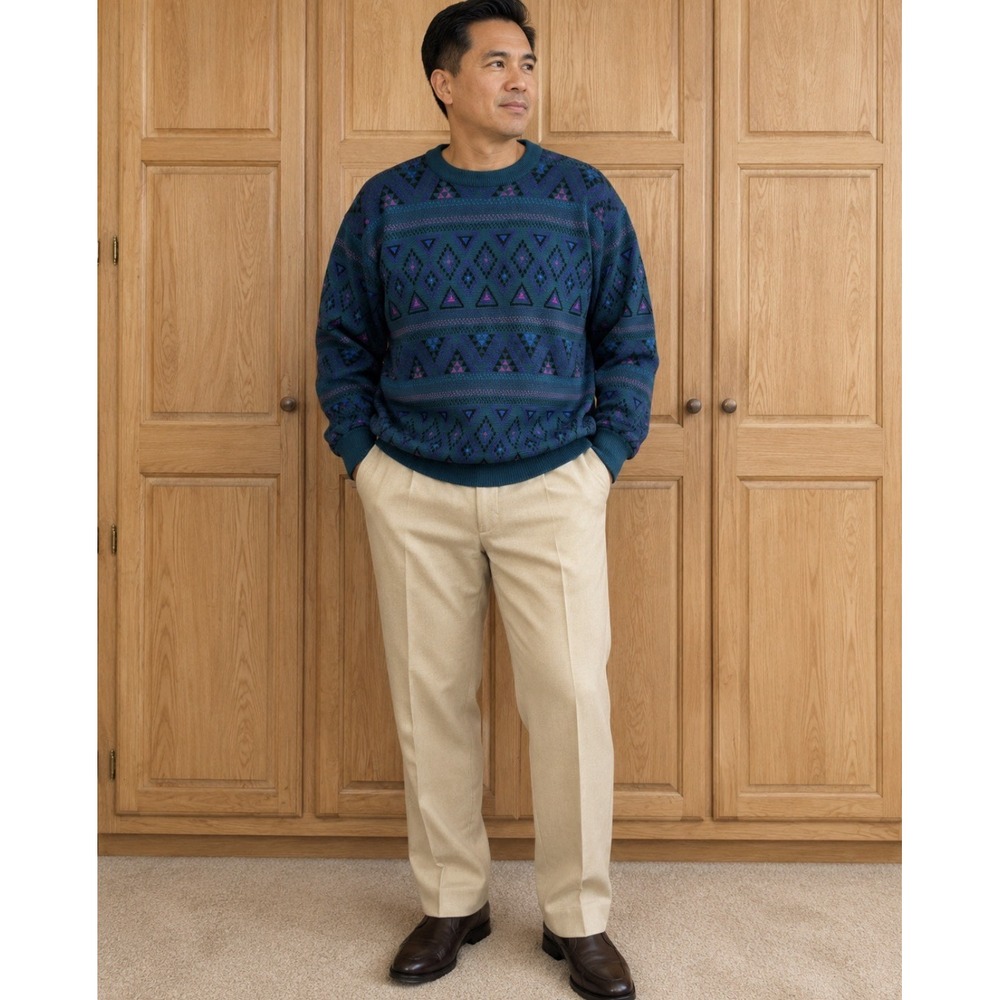 VINTAGE Meister Wool Blend Sweater Mens Medium Blue Green Geometric Knit Retro